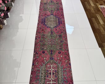 2x11 Vintage Runner Rug, 2x11 Pink Blue Brown Runner, Antique Oriental Rug, Handmade Wool Rug, Hallway Entryway Kitchen Runner Rug