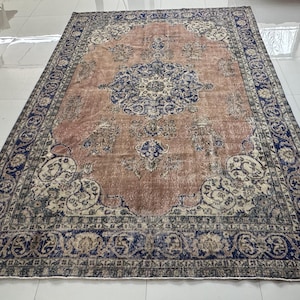 8x11 Vintage Rug, 8x11 Turkish Area Rug, Large Oriental Rug, Red Blue Beige Rug, Handmade Wool Rug, Living Room Entryway Dining Room Carpet