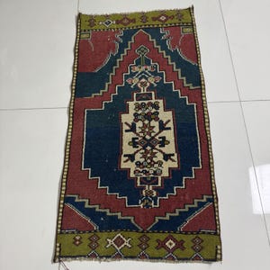 1x3 Small Turkish Rug, 1x3 Turkish Wool Rug, Oushak Red Blue Beige Rug, Housewarming Gift, Handmade Wool Rug, Bathroom Bedroom Oriental Rug
