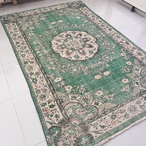 6x10 Mint Green Vintage Turkish Oushak Area Rug With Floral Medallion Design Details