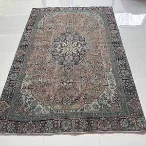 Tapete oriental vintage de lã 6x9: tapete tradicional floral vermelho, azul e bege