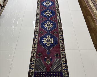 Vintage Turkish Wool Runner Rug 2x9: Oriental Hallway Entryway Rug