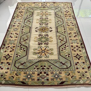 6x9 Oushak Rug – Vintage Turkish Handmade Wool Carpet, Green Beige and Orange Floral Area Rug for Living Room or Dining Room