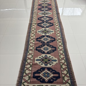 3x15 Vintage Runner Rug, 3x15 Pink Blue Beige Turkish Rug, Oriental Oushak Rug, Hand Knotted Soft Wool Runner, Long Hallway Entry Stair Rug