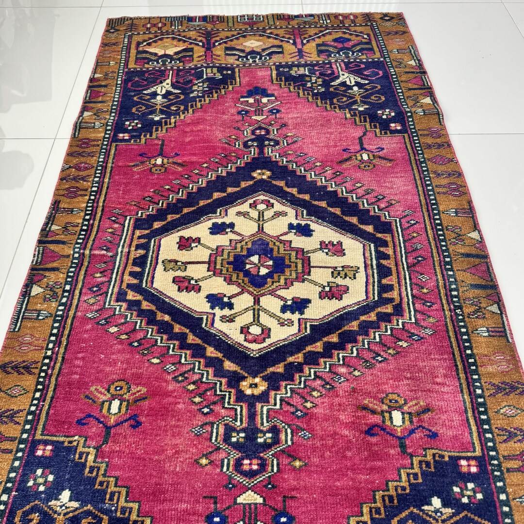 3x6 Fuchsia Navy Cream Turkish Rug Wool Handmade Oriental Oushak