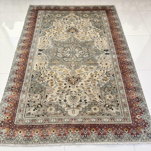 Vintage Hand Knotted Wool Rug, 5x7 Oriental Area Rug, Beige Blue Red Rug, Floral Antique Rug, Living Room Kitchen Bedroom Entry Carpet