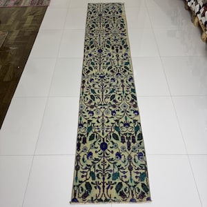 2x9 Vintage Runner Rug, 2x9 Turkish Kitchen Runner, Blue Beige Oushak Rug, Handmade Soft Wool Rug, Hallway Kitchen Entry Bathroom Floral Rug