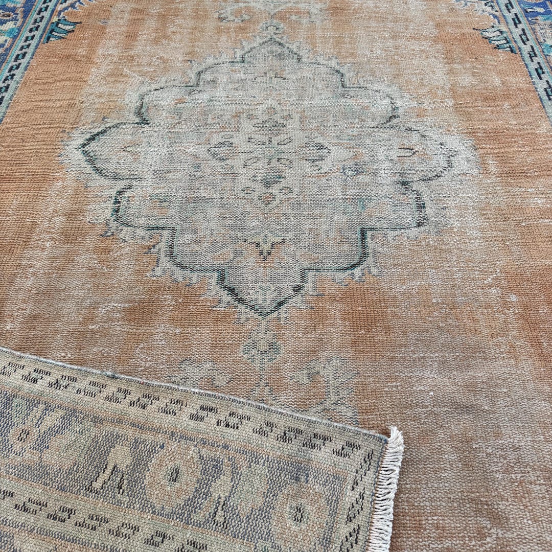 7x10 Rust Terracotta Distressed Vintage Turkish Rug Blue Green