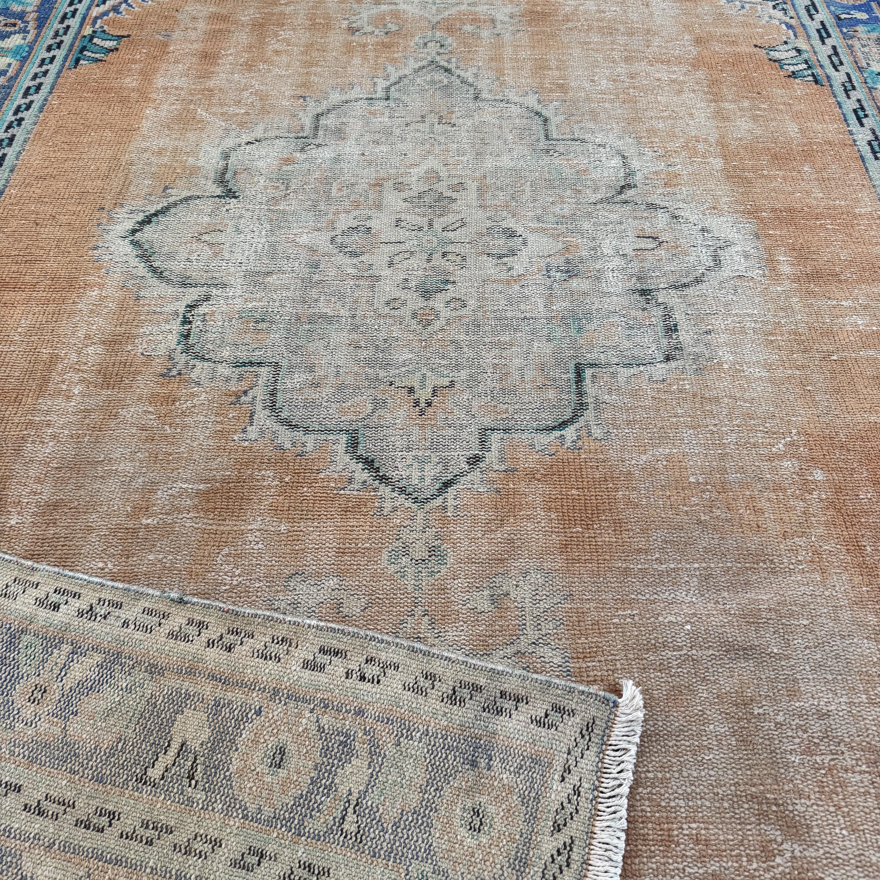 7x10 Rust Terracotta Distressed Vintage Turkish Rug Blue Green