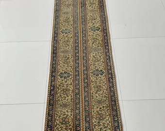 Vintage Turks Oushak-vloerkleed: 2 x 8 beige, blauwe en rode wollen gangtapijt