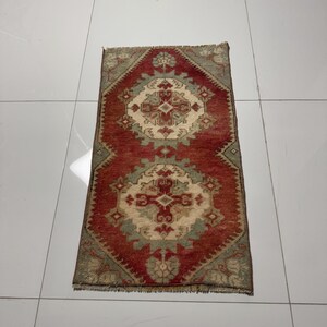 1x3 Vintage Rug, 1x3 Small Turkish Rug, Handmade Oushak Rug, Oriental Beige Red Blue Rug, Door mat Rug, Bathroom Kitchen Bedroom Entry Rug