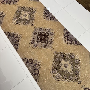 Long Vintage Turkish Wool Runner Rug: 3x12 Beige, Blue, Black Oriental Hallway Rug