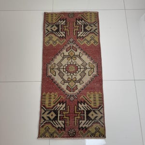 1x3 Vintage Turkish Rug, 1x3 Small Oriental Rug, Red Beige Blue Oushak Rug, Door mat Rug, Handmade Wool Rug, Kitchen Bathroom Entry Carpet