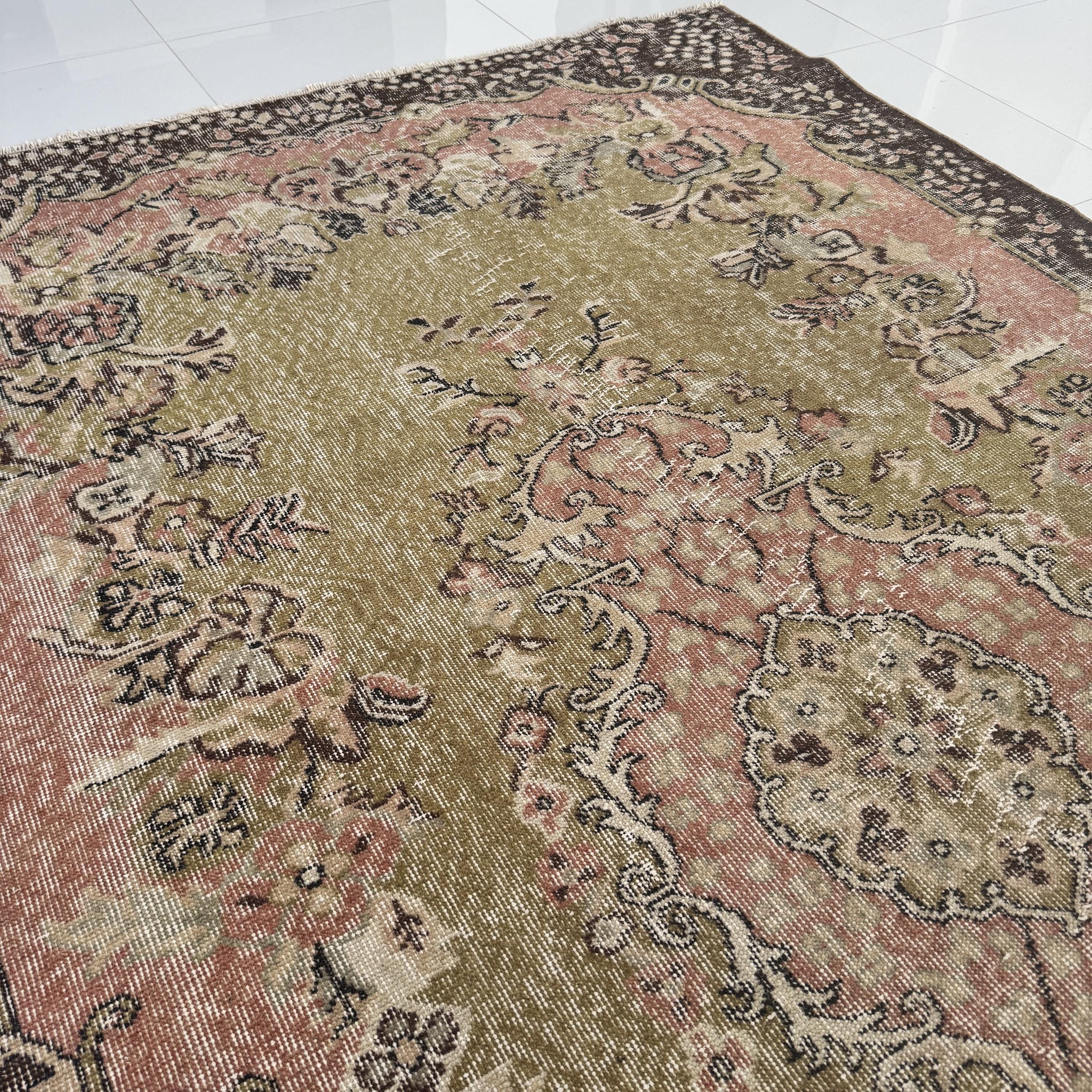 6x9 Olive Green Dusty Rose Brown Vintage Turkish Rug Floral