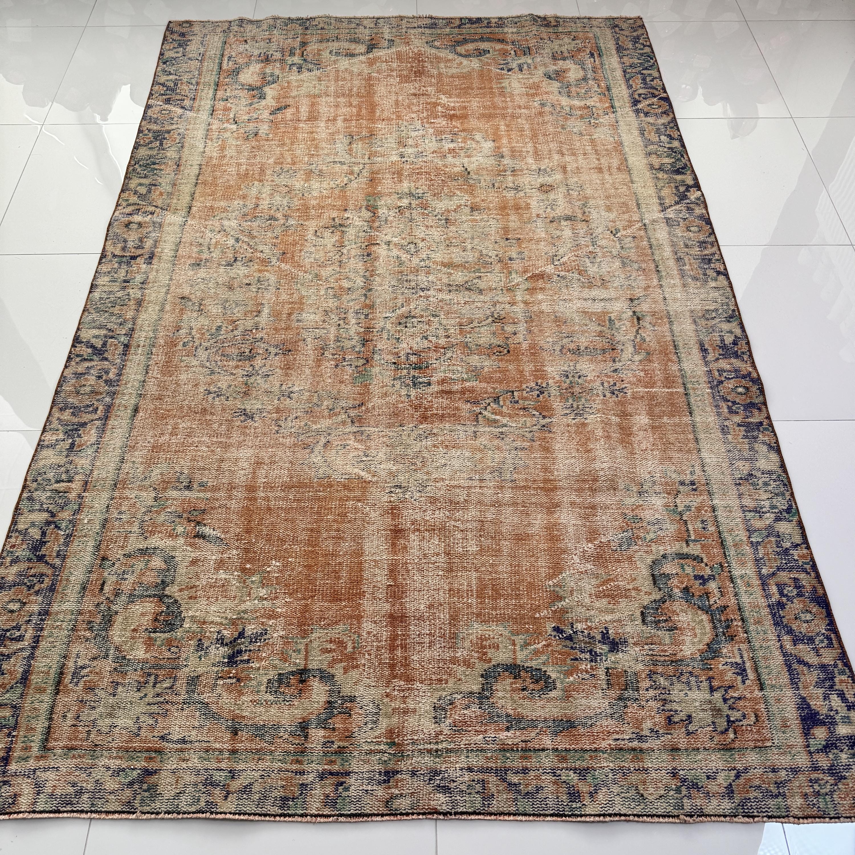 Terracotta Blue Vintage Turkish Rug 6x9 Distressed Wool With Faded
