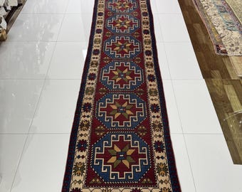 Vintage Oushak Wool Runner Rug: 2x12 Blue Red Beige Turkish Rug