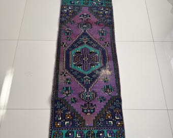 2x5 Vintage Oushak Runner Rug, Purple Teal Navy Turkish Small Handmade Rug