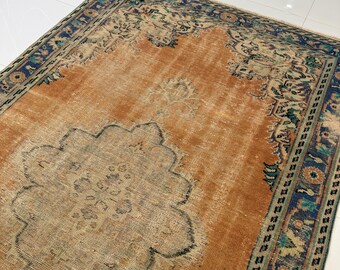 7x10 Rust Terracotta Distressed Vintage Turkish Rug Blue Green
