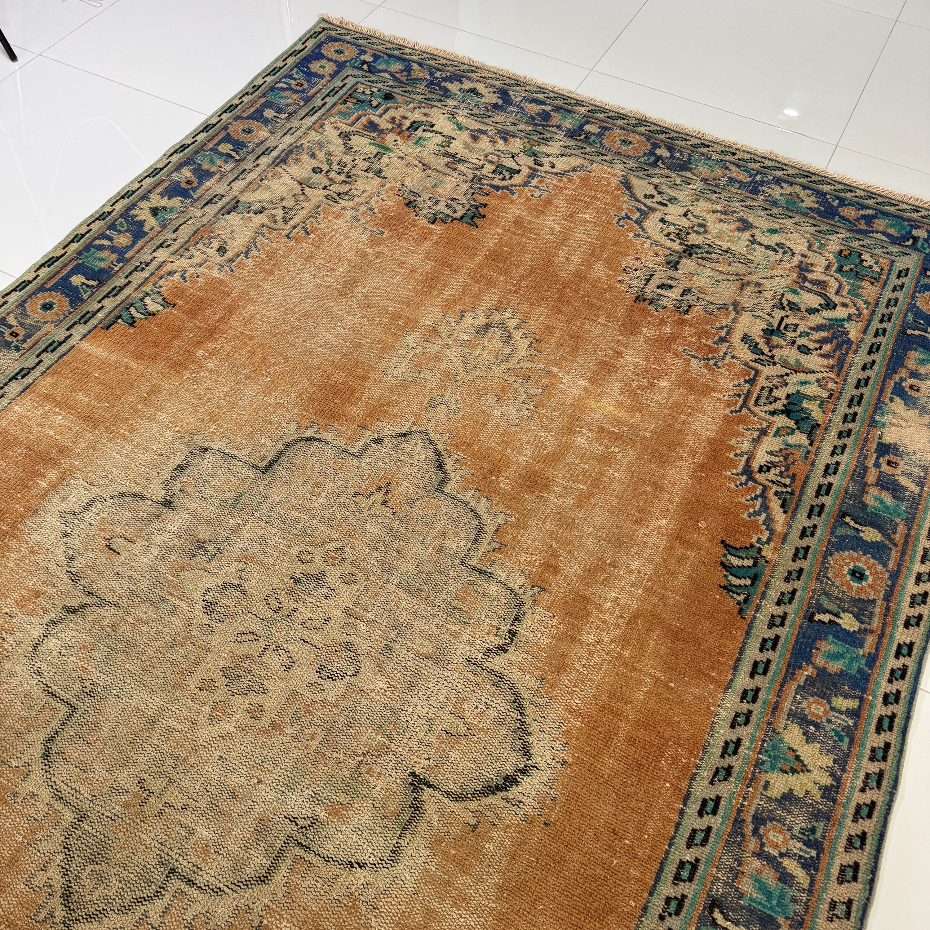 7x10 Rust Terracotta Distressed Vintage Turkish Rug Blue Green