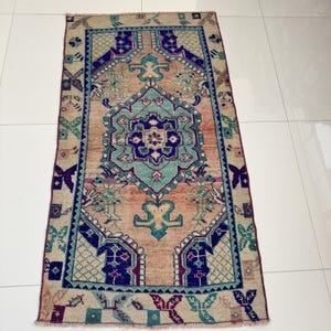 2x6 Vintage Runner Rug, 2x6 Turkish Runner, Oriental Oushak Rug, Red Blue Beige Rug, Handmade Wool Rug, Bathroom Kitchen Decorative Runner