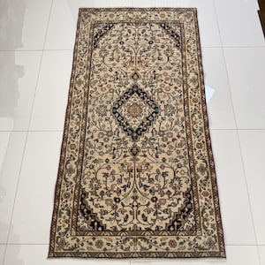 3x5 Vintage Floral Turkish Rug: Wool Oriental Carpet in Beige Blue