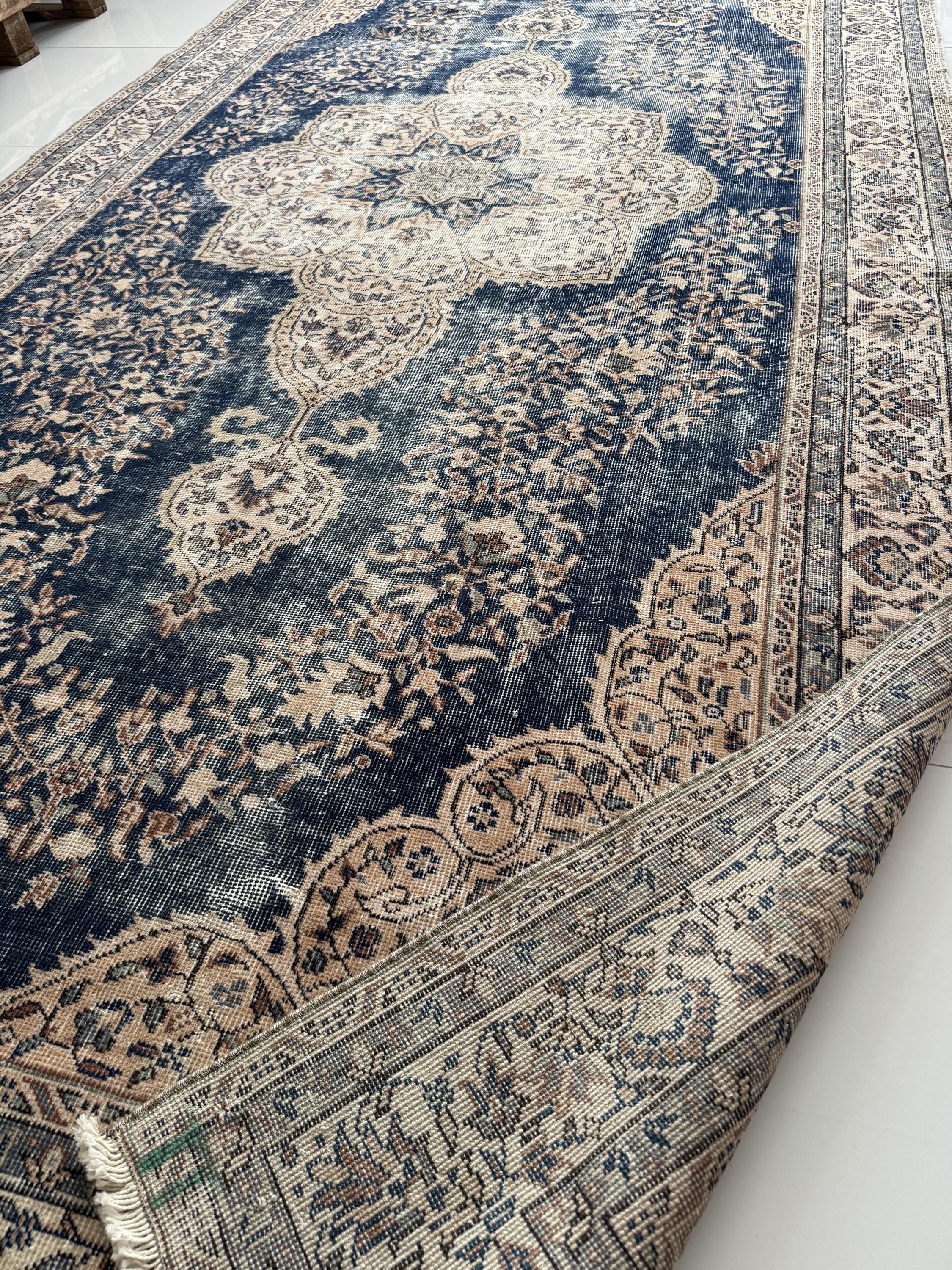 6x11 Vintage Turkish Rug, Oversize Oriental Wool Rug in Faded Navy