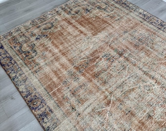 Terracotta Blue Vintage Turkish Rug 6x9 Distressed Wool With Faded