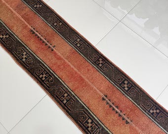 2x10 rostfärgad terrakotta- och mockamatta i turkisk ull, lång vintage löpare till hallen