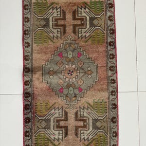 1x3 Oriental Vintage Rug, 1x3  Turkish Red White Blue Rug, Handmade Wool Rug, Housewarming Gift, Oushak Living Room Kitchen Bathroom Rug
