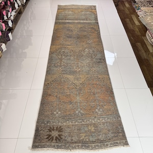 3x11 Vintage Turkish Runner, 3x11 Oriental  Wool Rug, Handmade Oushak Rug, Red Gray Black Rug, 11 foot Long Rug, Hallway Kitchen Entry Rug