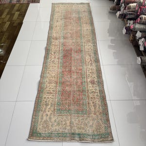 Tappeto turco vintage 3x10: tappeto di lana fatto a mano in rosso blu beige