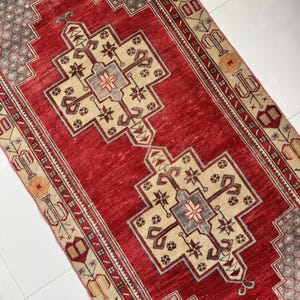 4x8 Vintage Area Rug, 4x8 Turkish Wool Rug, Red Blue Beige Oriental Rug, Handmade Oushak Rug, Living Room Bedroom Entryway Kitchen Rug