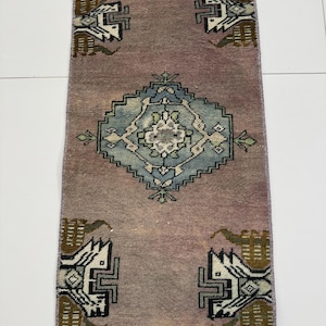 1x3 Vintage Rug, 1x3 Turkish Oushak Rug, Red Blue Beige Oriental Rug, Handmade Wool Rug, Door mat Bathroom Kitchen Living Room Rug