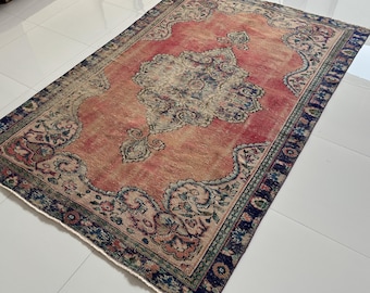 6x8 Handmade Wool Rug, Vintage Turkish Coral Red Beige Area Rug
