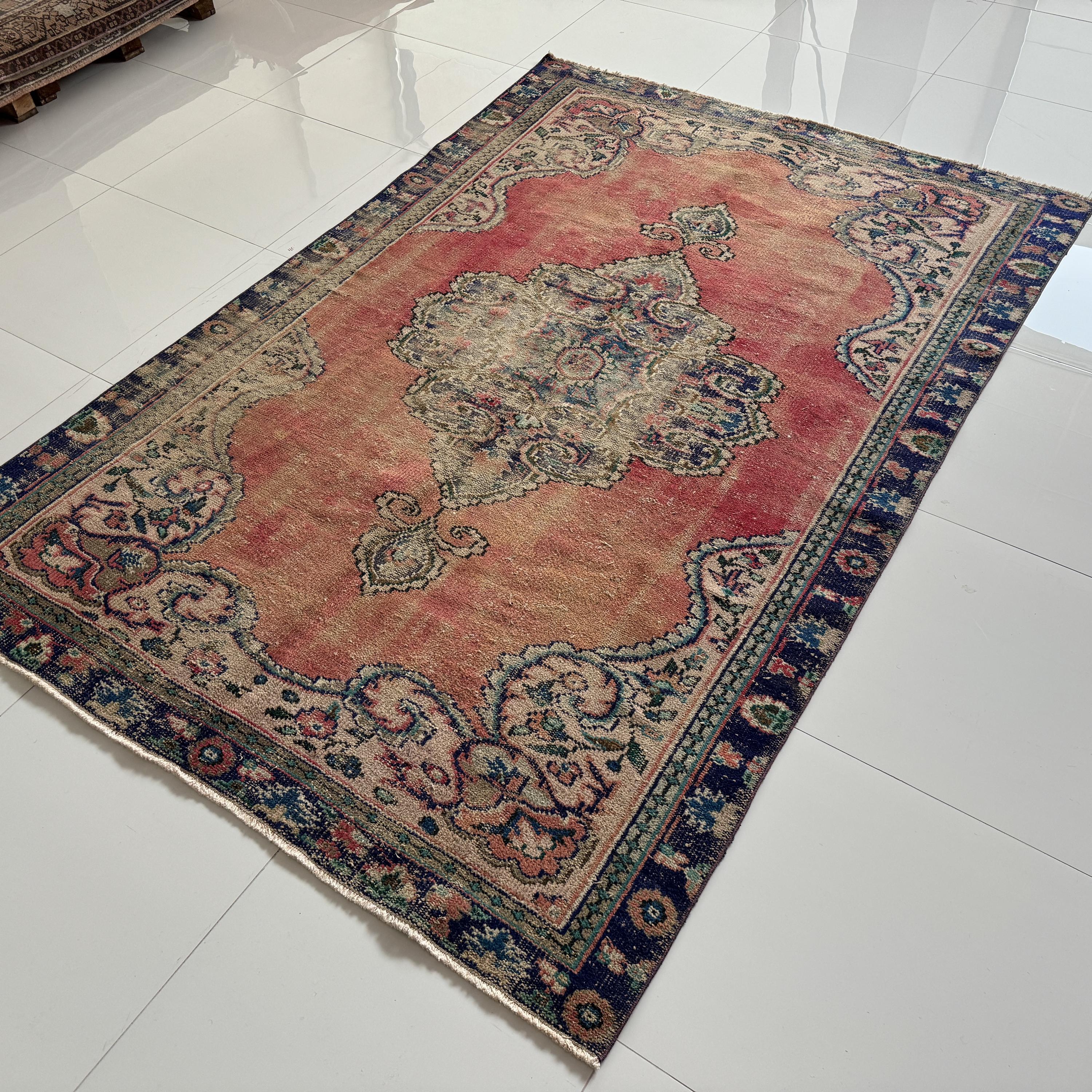 6x8 Handmade Wool Rug, Vintage Turkish Coral Red Beige Area Rug