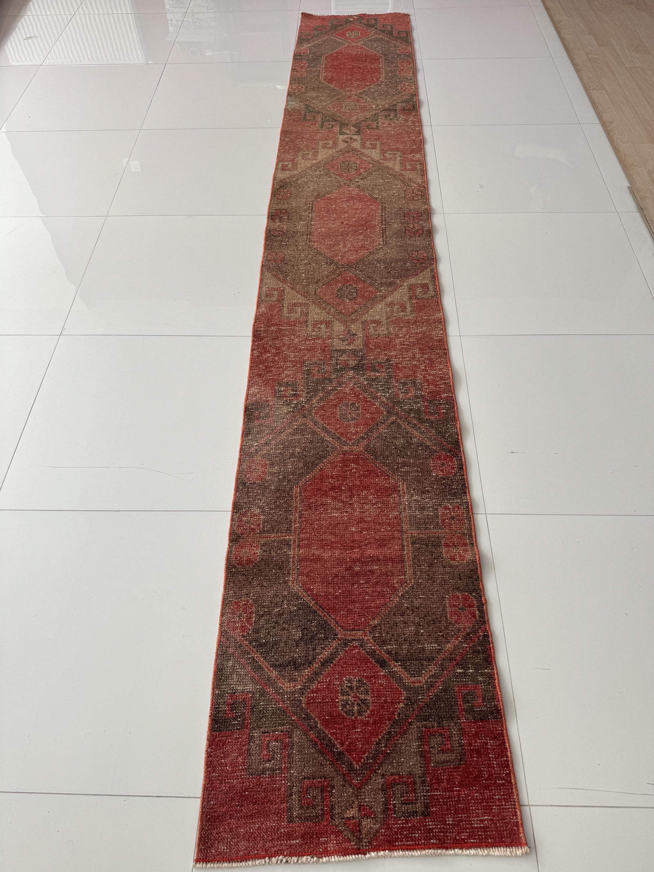 Vintage Turkish Runner Rug: 2x12 Red Brown Wool Hallway Rug
