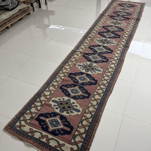 Long 3x15 Vintage Soft Wool Turkish Runner, Pink Beige Blue Oushak Rug