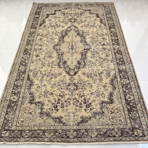 Vintage Oushak Wool Rug 6x9: Beige Brown Floral Medallion, Hand-Knotted Turkish Carpet