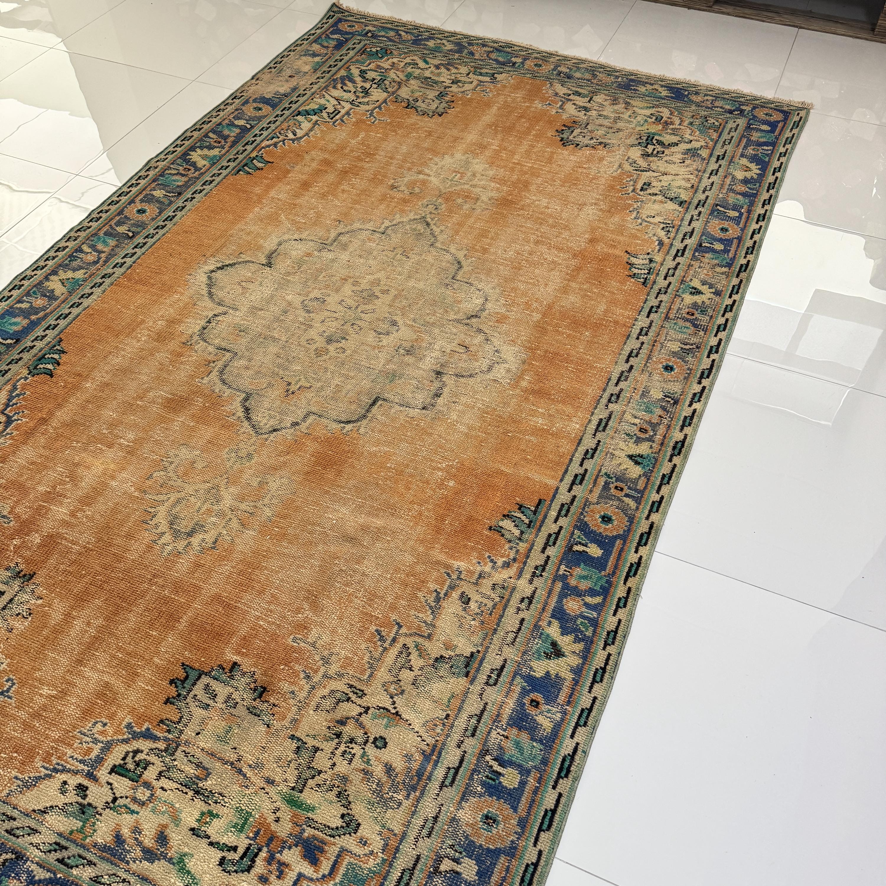 7x10 Rust Terracotta Distressed Vintage Turkish Rug Blue Green