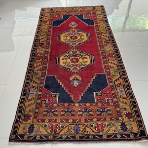 4x8 Oushak Area Rug, 4x8 Vintage Rug, Red Blue Orange Turkish Rug, Handmade Wool Rug, Oriental Carpet, Living Room Bedroom Entryway Rug
