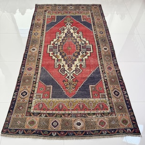 4x8 Vintage Oushak Rug, Wool Turkish Rug, Hand Knotted Area Rug, Red Blue Beige Oriental Rug, Living Room Bedroom Kitchen Carpet