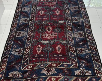 5x6 Maroon Navy Vintage Area Rug, Turkish Soft Wool Carpet with Tribal Pattern