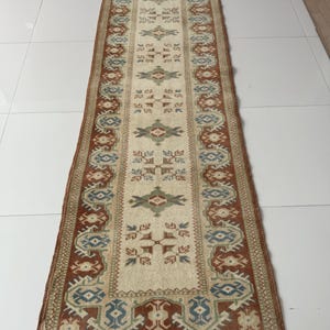 3x9 Turkish Oushak Runner Rug, 3x9 Beige Blue Green Red Vintage Rug, Hand Knotted Soft Wool Rug, Geometric Oriental Rug, Hallway Kitchen Rug