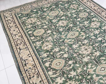 6x9 Moss Green Vintage Rug, Cream Floral Motifs, Distressed Turkish Wool Area
