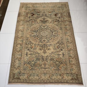 Hand-Knotted Wool Oriental Rug 4x6: Beige, Blue, Red Floral Vintage