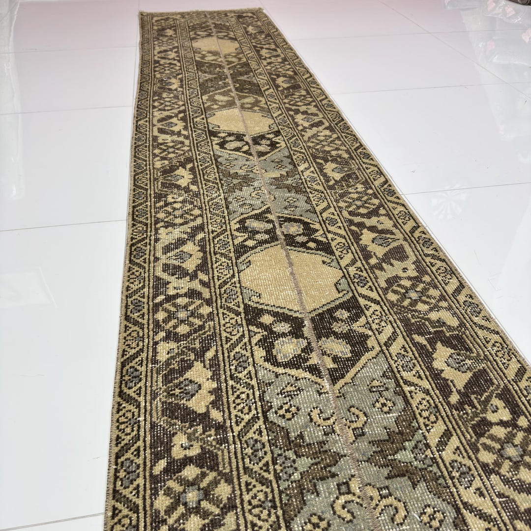 2x12 Charcoal Beige Vintage Turkish Runner Rug With Faded Floral Wool ...