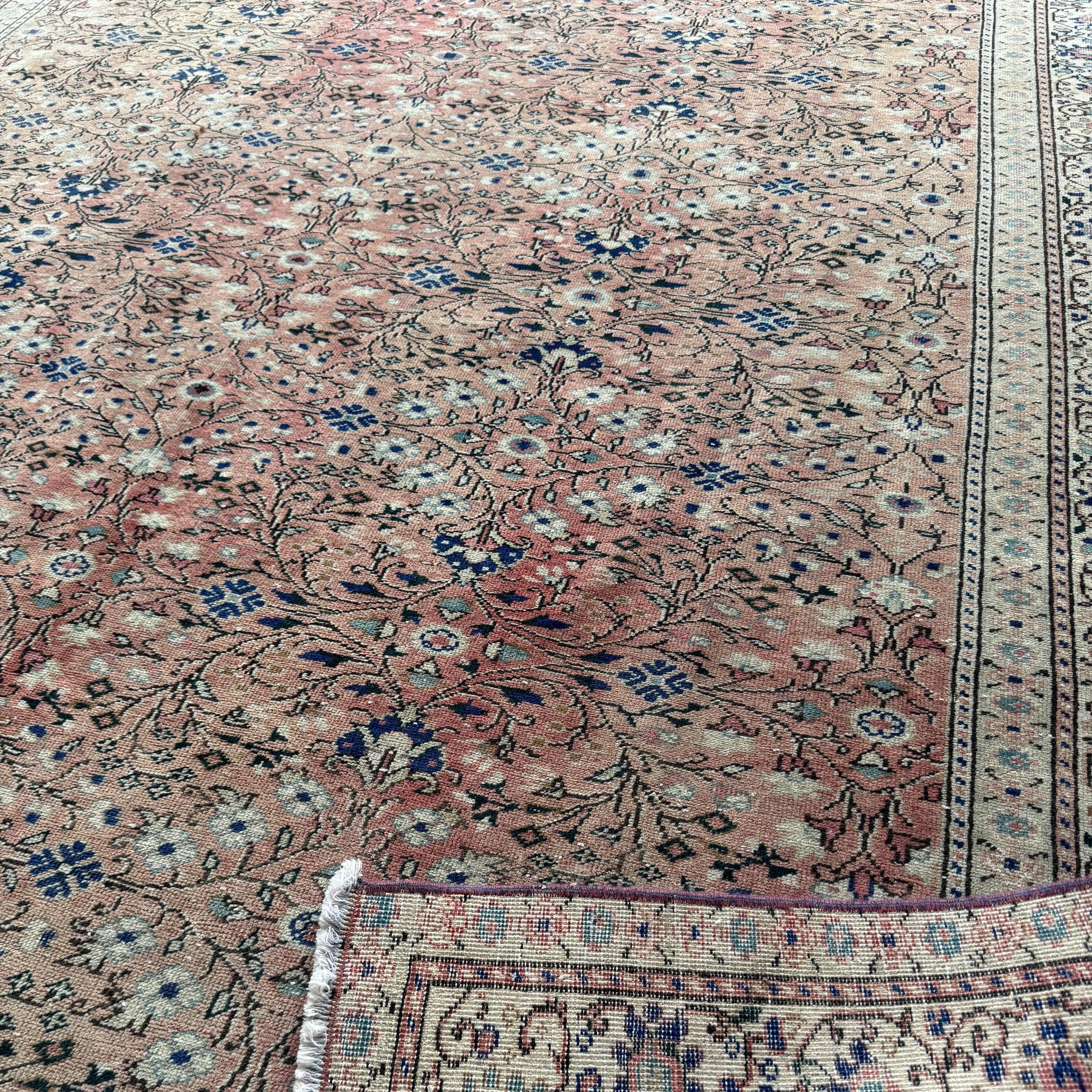 6x9 Faded Blush Blue Turkish Rug, Beige Floral Wool Vintage