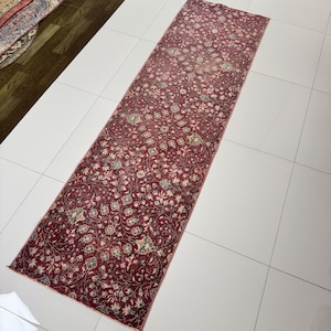 Vintage Turkish Runner Rug: 2x7 Burgundy Red Floral Wool Carpet