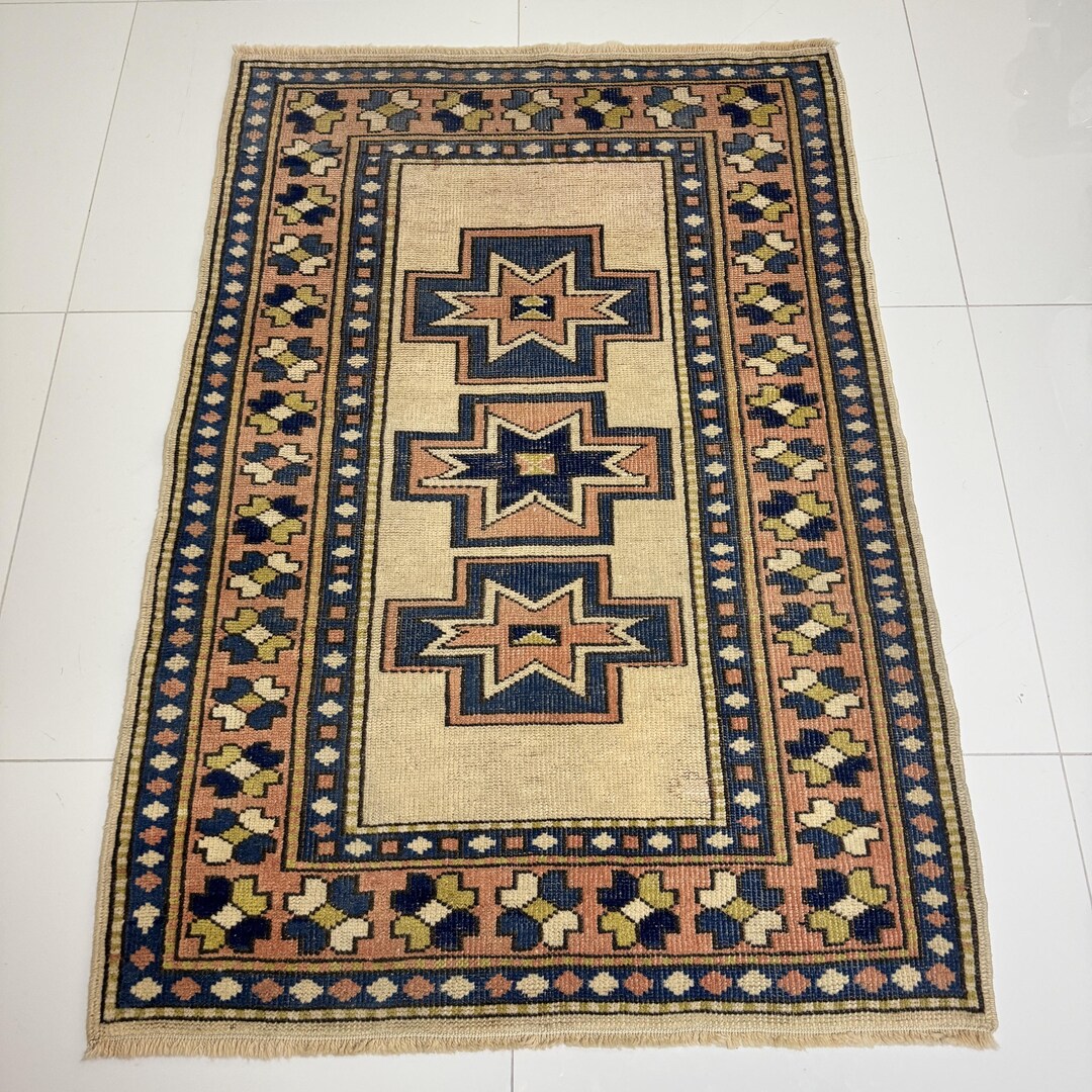 3x4 Turkish Vintage Rug, 3x4 Modern Oushak Rug, Pink Beige Blue ...