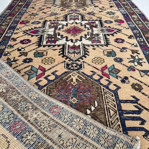 3x12 Vintage Runner Rug, 3x12 Oriental Peach Brown Blue Runner, Farmhouse Rug, Handmade Wool Rug, Antique Hallway Kitchen Entryway Rug